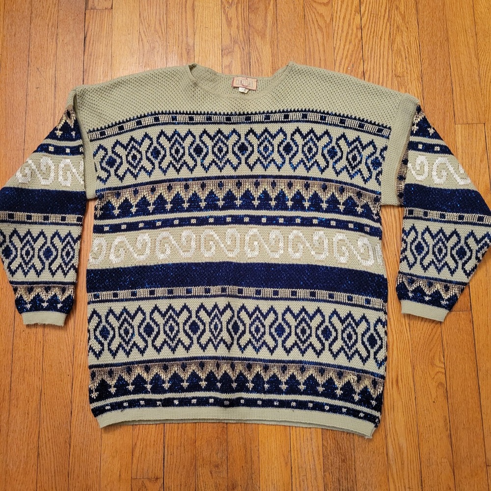 Cristina Tan‎ Blue Geometric Knit Sweater Metallic USA Granny Grandmacore Cozy